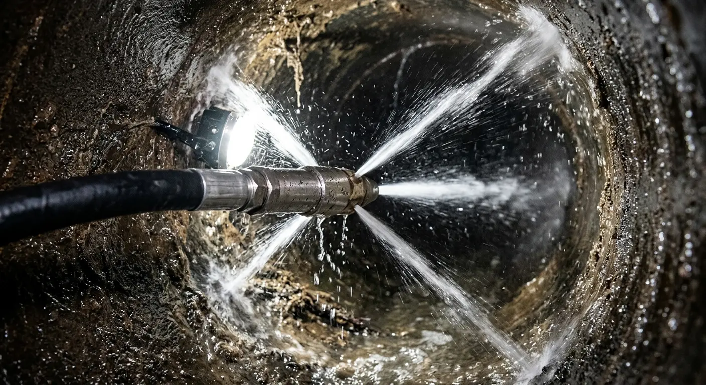 High-pressure hydro jetting nozzle cleaning sewer pipe for Sewer Cleanout in Mill Creek