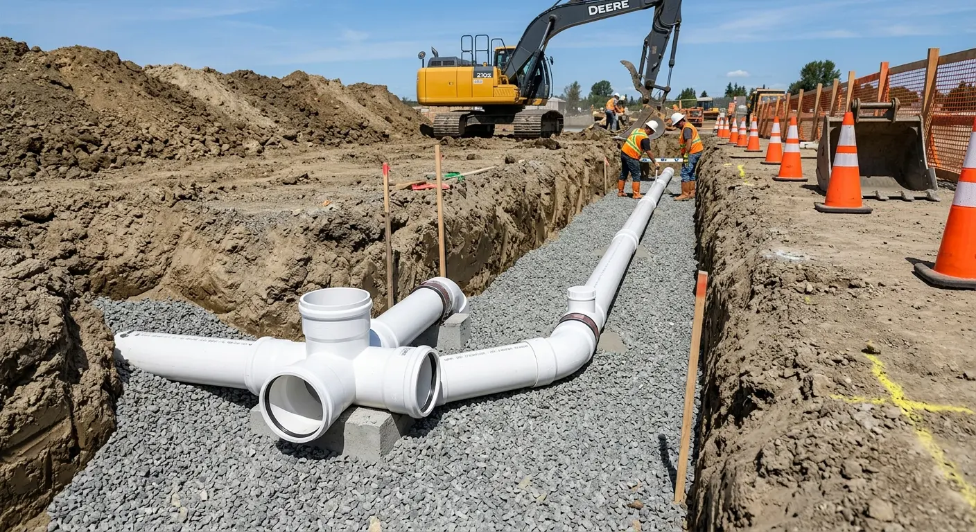 New PVC sewer pipe installation in open trench for Sewer Backup in Mill Creek