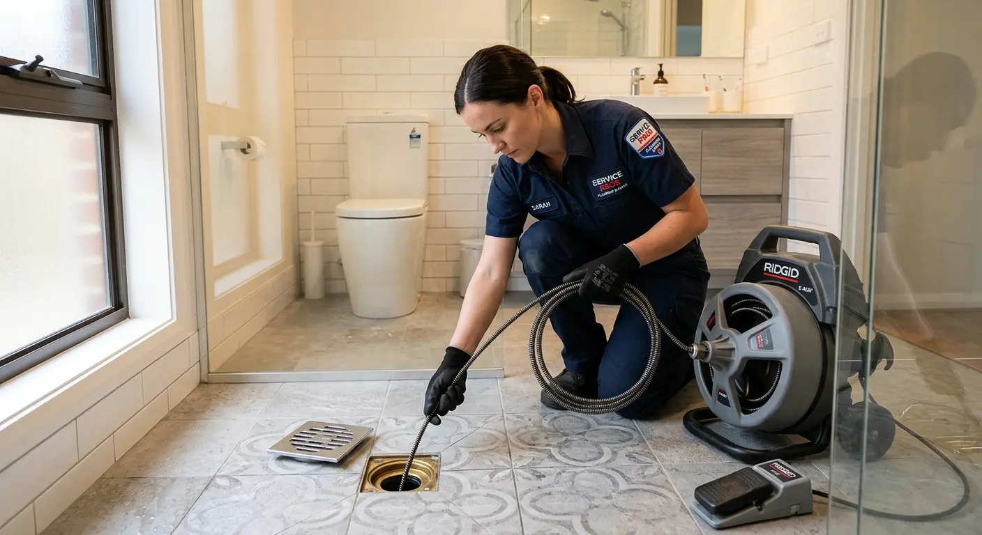 Technician clearing a bathroom floor drain for Drain Cleaning in Mill Creek